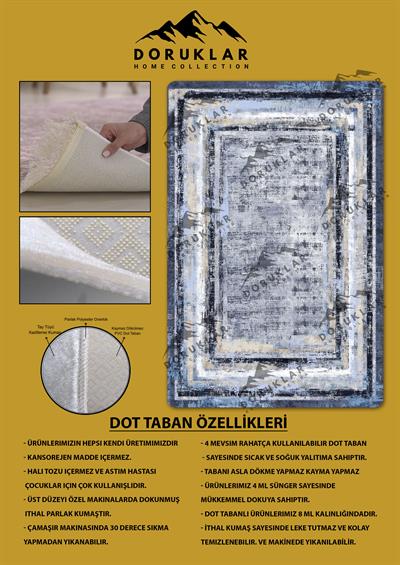 Kaymaz Taban Yıkanabilir Dijital Baskı Mavi Çerçeveli Eskitme Desenli Halı