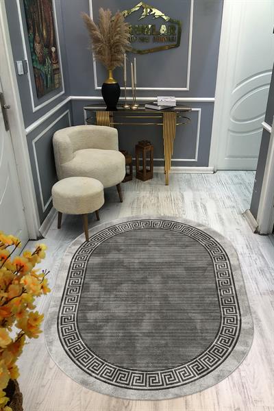Kaymaz Taban Yıkanabilir Dijital Baskı Oval Kesim Dekoratif Modern Desenli Dot Taban Halı OVAL003