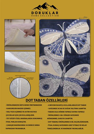 Kaymaz Taban Yıkanabilir Dijital Baskı Kelebek Desenli Dot Taban Halı