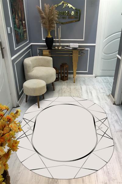 Kaymaz Taban Yıkanabilir Dijital Baskı Oval Kesim Dekoratif Modern Desenli Dot Taban Halı OVAL016