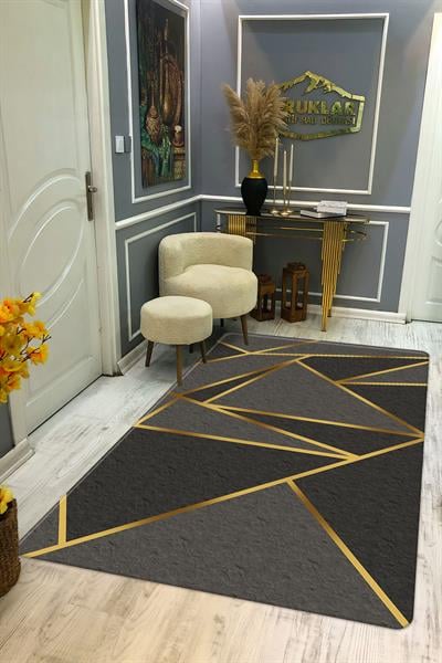 Kaymaz Taban Yıkanabilir Dijital Baskı Gold Çizgi Desenli Halı