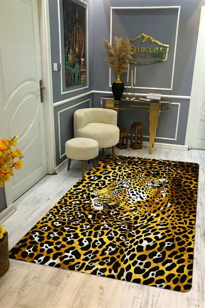 Kaymaz Taban Yıkanabilir Dijital Baskı Dekoratif Modern Desenli Dot Taban Halı Leopar Serisi LEO06