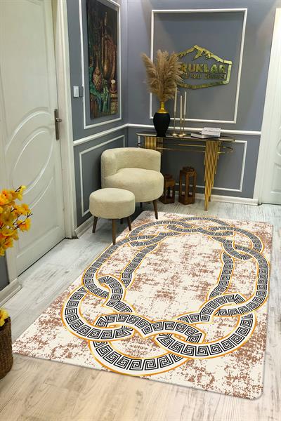 Kaymaz Taban Yıkanabilir Dijital Baskı Geçişli Çerçeve Desenli Halı