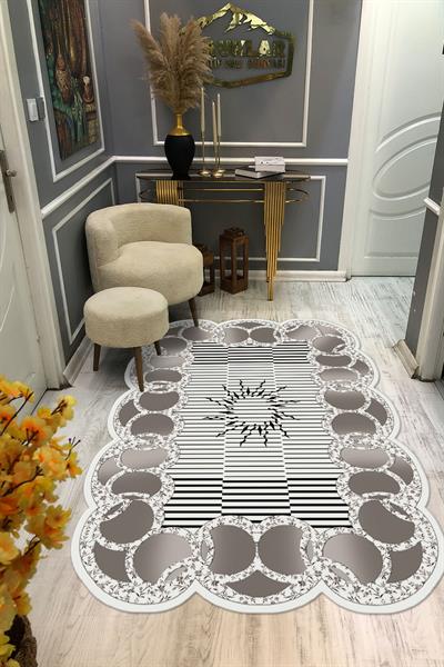 Kaymaz Taban Yıkanabilir Dijital Baskı Lazer Kesimli Çiçek Desenli Dot Taban Halı