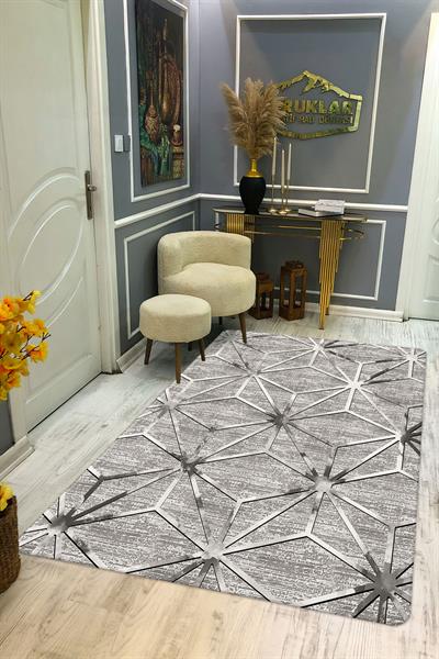 Kaymaz Taban Yıkanabilir Dijital Baskı Geometrik Örüntü Desenli Halı