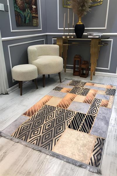 Kaymaz Taban Yıkanabilir Geometrik Gold Detayi Vintage Desen Halı
