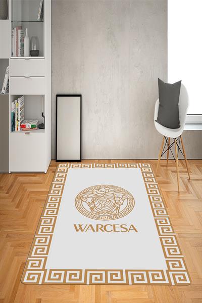 Kaymaz Taban Yıkanabilir Gold Çerçeveli Medusa Desenli Dot Taban Halı