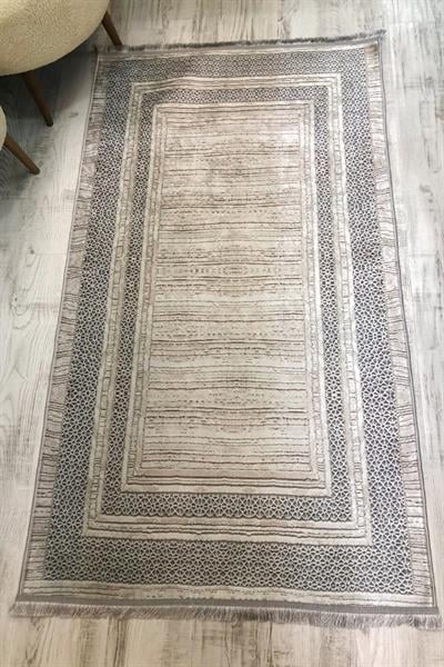 Kaymaz Taban Yıkanabilir Gri Çerçevelii Vintage Desen Halı
