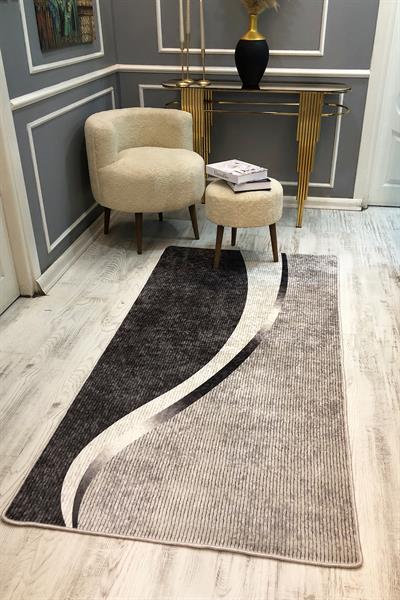 Kaymaz Taban Yıkanabilir Gri Modern Desen Vintage Halı