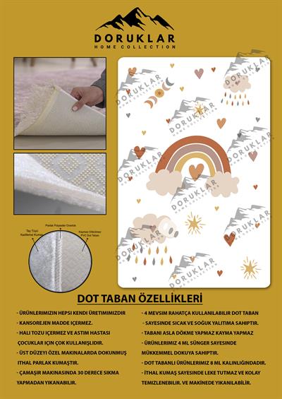 Kaymaz Taban Yıkanabilir Kalpli Gökkuşağı Desenli Çocuk Halısı