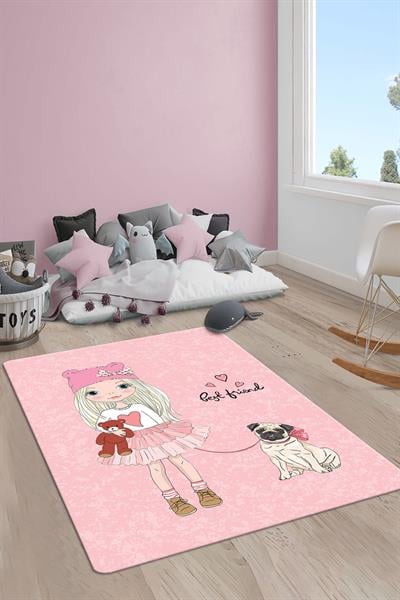 Kaymaz Taban Yıkanabilir Köpek ve Kız Desenli Çocuk Halısı