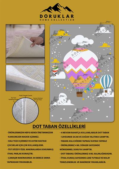 Kaymaz Taban Yıkanabilir Renkli Uçan Balon Desenli Çocuk Halısı