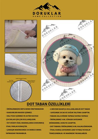 Kaymaz Taban Yıkanabilir Tatlı Köpek Desenli Yuvarlak Çocuk Halısı