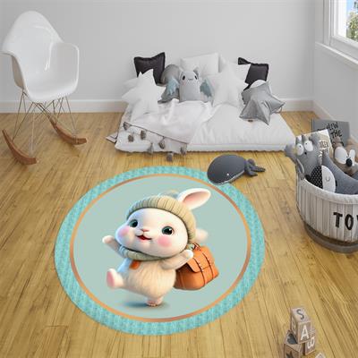 Kaymaz Taban Yıkanabilir Tatlı Minik Tavşan Desenli Yuvarlak Çocuk Halısı
