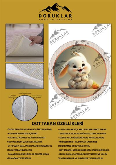 Kaymaz Taban Yıkanabilir Tatlı Minik Tavşan Desenli Yuvarlak Çocuk Halısı