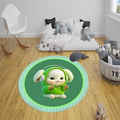 Kaymaz Taban Yıkanabilir Tatlı Minik Tavşan Desenli Yuvarlak Çocuk Halısı