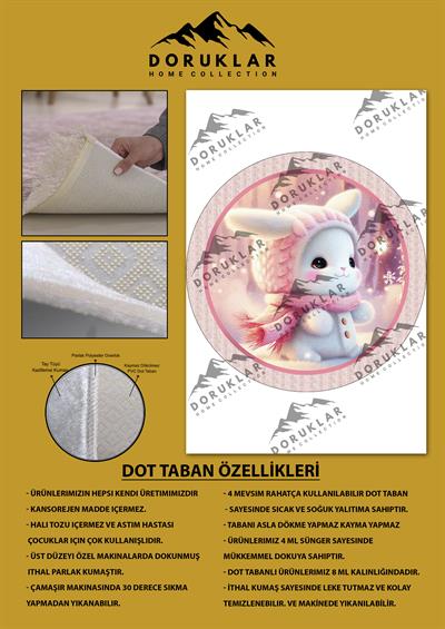 Kaymaz Taban Yıkanabilir Tatlı Tavşan Desenli Yuvarlak Çocuk Halısı