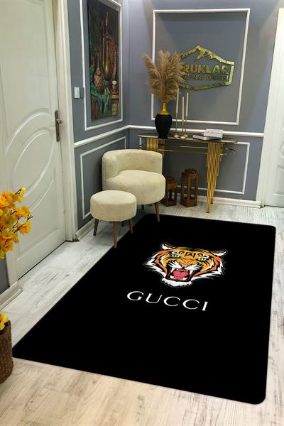 Kaymaz Tabanlı Makinede Yıkanabilir Dijital Baskı Kaplan Gucci Desenli Dot Taban Halı