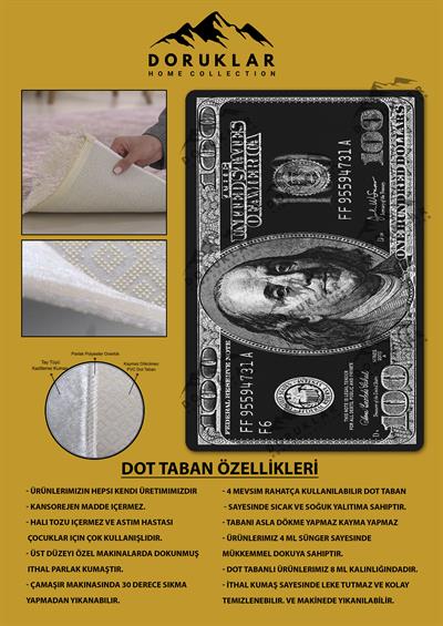 Kaymaz Tabanlı Makinede Yıkanabilir Dijital Baskı Dolar Desenli Dot Taban Halı