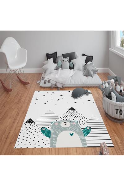 Kaymaz Tabanlı Yıkanabilir Ayı Desenli Çocuk Halısı Dot Taban Halı