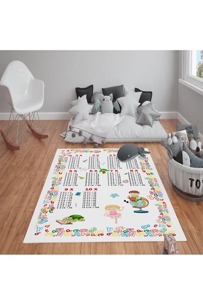 Kaymaz Tabanlı Yıkanabilir Çarpım Tablosu Desenli Çocuk Halısı Dot Taban Halı