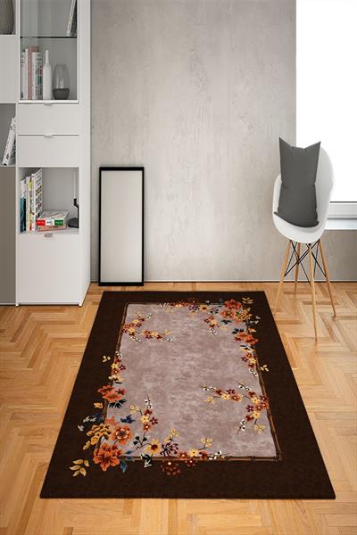 Kaymaz Tabanlı Yıkanabilir Çerçeve Çiçek Desenli Dot Taban Halı