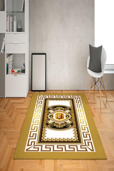 Kaymaz Tabanlı Yıkanabilir Çerçeveli Aslan Desenli Dot Taban Halı