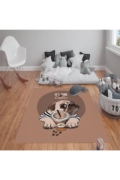 Kaymaz Tabanlı Yıkanabilir Coffee Köpek Desenli Çocuk Halısı Dot Taban Halı