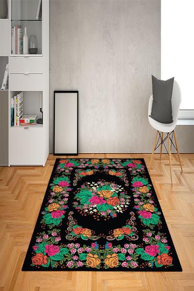 Kaymaz Tabanlı Yıkanabilir Dekoratif Çiçek Desenli Dot Taban Halı