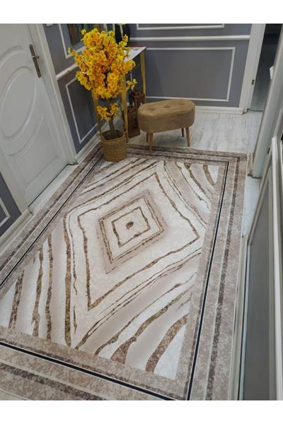 Kaymaz Tabanlı Yıkanabilir Dekoratif Çerçeveli Desenli Dokuma Taban Halı