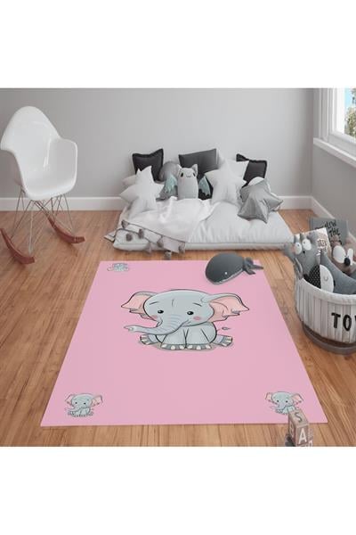 Kaymaz Tabanlı Yıkanabilir Fil Desenli Çocuk Halısı Dot Taban Halı