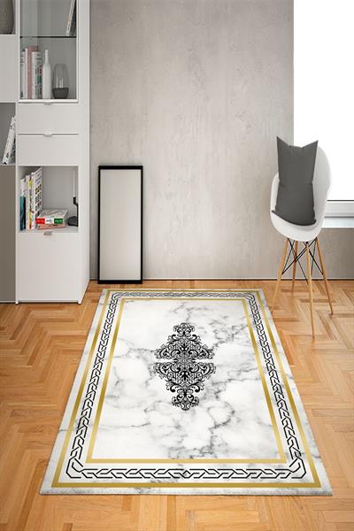 Kaymaz Tabanlı Yıkanabilir Geometrik Çerçeve Desenli Dot Taban Halı