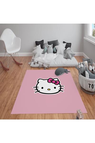 Kaymaz Tabanlı Yıkanabilir Hello Kitty Desenli Çocuk Halısı Dot Taban Halı