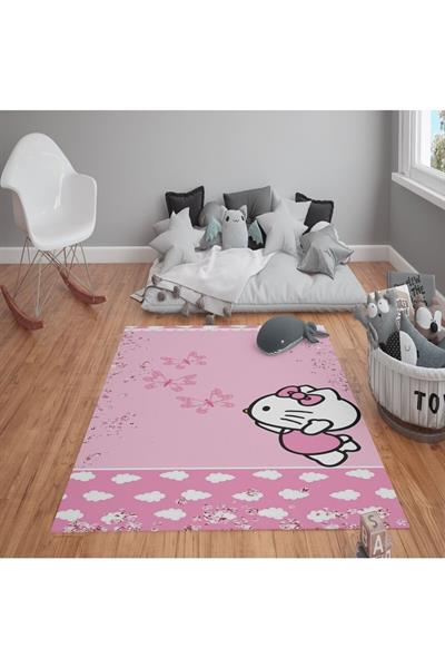 Kaymaz Tabanlı Yıkanabilir Hello Kitty Çocuk Halısı Dot Taban Halı