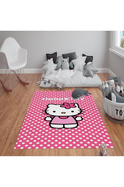 Kaymaz Tabanlı Yıkanabilir Hello Kity Desenli Çocuk Halısı Dot Taban Halı