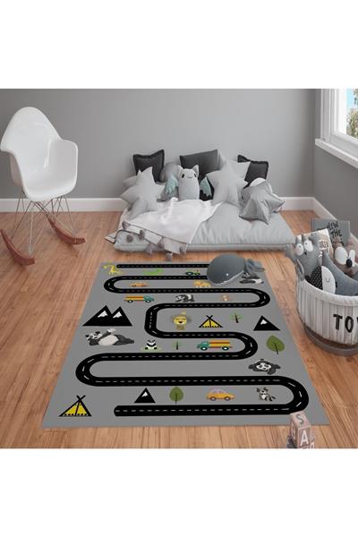 Kaymaz Tabanlı Yıkanabilir Jungle Yol Desenli Çocuk Halısı Dot Taban Halı