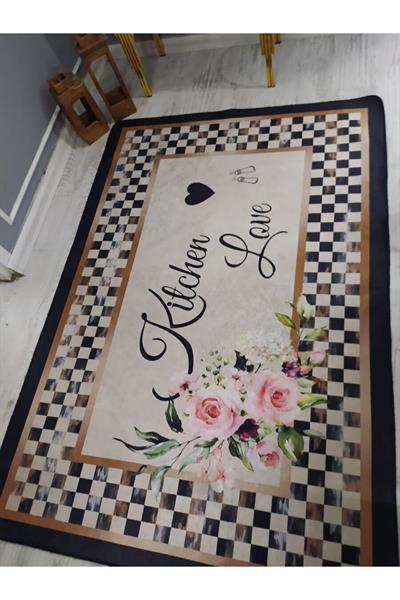 Kaymaz Tabanlı Yıkanabilir Kitchen Love Desenli Dokuma Taban Halı