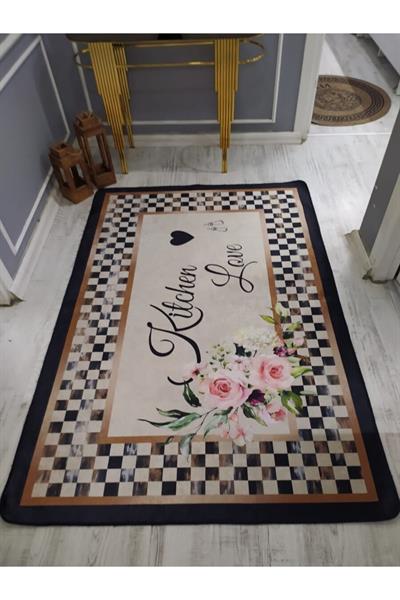 Kaymaz Tabanlı Yıkanabilir Kitchen Love Desenli Dokuma Taban Halı