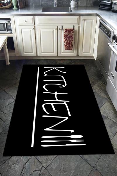 Kaymaz Tabanlı Yıkanabilir Kitchen Yazılı Desenli Dot Taban Halı