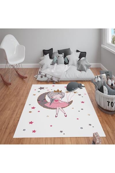 Kaymaz Tabanlı Yıkanabilir Kız Desenli Çocuk Halısı Dot Taban Halı