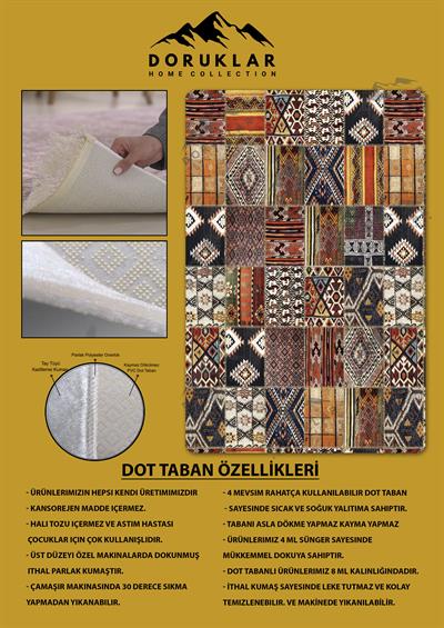 Kaymaz Tabanlı Yıkanabilir Leke Tutmaz Kilim Desenli Salon Halısı Dot Taban Halı KDH13