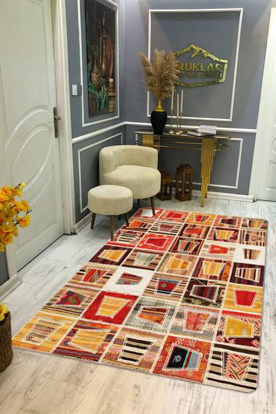 Kaymaz Tabanlı Yıkanabilir Leke Tutmaz Kilim Desenli Salon Halısı Dot Taban Halı KDH38
