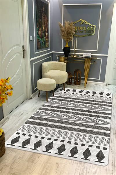 Kaymaz Tabanlı Yıkanabilir Leke Tutmaz Kilim Desenli Salon Halısı Dot Taban Halı KDH30