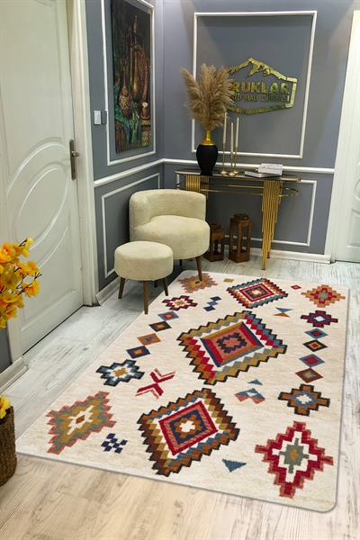 Kaymaz Tabanlı Yıkanabilir Leke Tutmaz Kilim Desenli Salon Halısı Dot Taban Halı KDH29