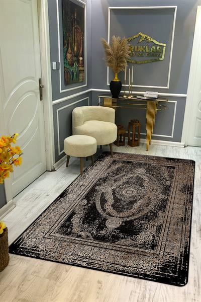 Kaymaz Tabanlı Yıkanabilir Leke Tutmaz Modern Klasik Desenli Salon Halısı Dot Taban Halı KLDH16