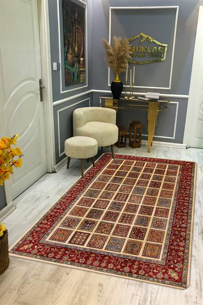 Kaymaz Tabanlı Yıkanabilir Leke Tutmaz Kilim Desenli Salon Halısı Dot Taban Halı KDH19