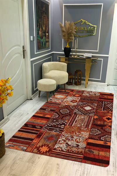 Kaymaz Tabanlı Yıkanabilir Leke Tutmaz Kilim Desenli Salon Halısı Dot Taban Halı KDH22