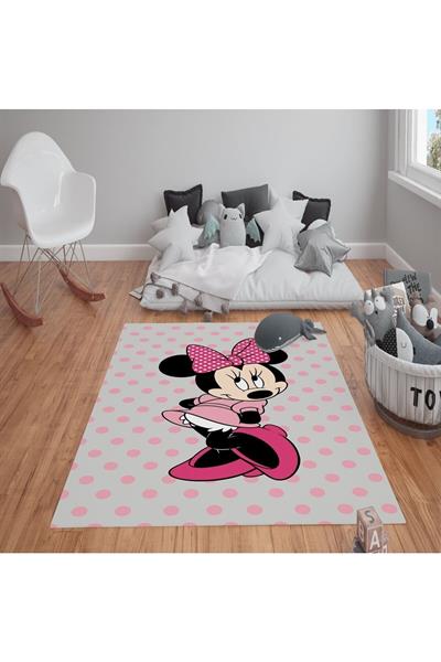 Kaymaz Tabanlı Yıkanabilir Mickey Minnie Desenli Çocuk Halısı Dot Taban Halı