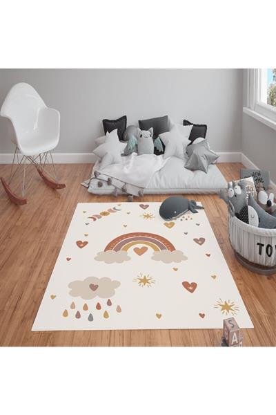 Kaymaz Tabanlı Yıkanabilir Minimal Desenli Çocuk Halısı Dot Taban Halı