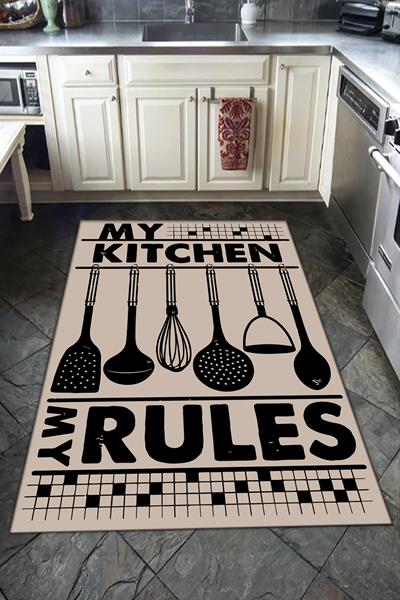 Kaymaz Tabanlı Yıkanabilir My Kitchen My Rules Desenli Dot Taban Halı